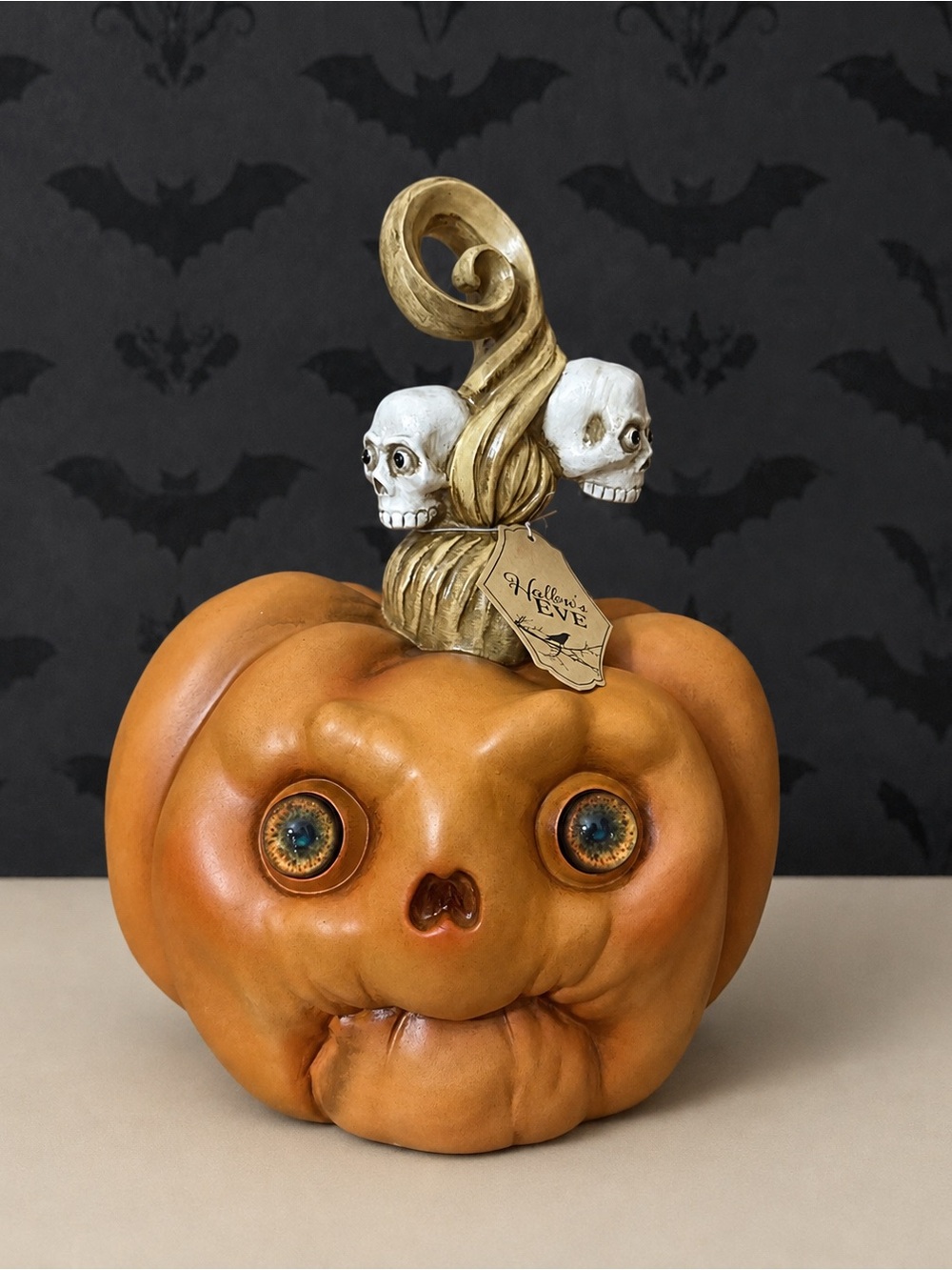 Hallows Eve Funny Face Pumpkin with Skulls Stem Decor NWT Viral Halloween